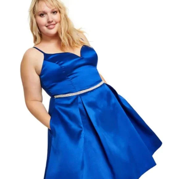 B. Darlin Womens Plus Rhinestone Pleated Cocktail Party Dress Royal Blue  13/14